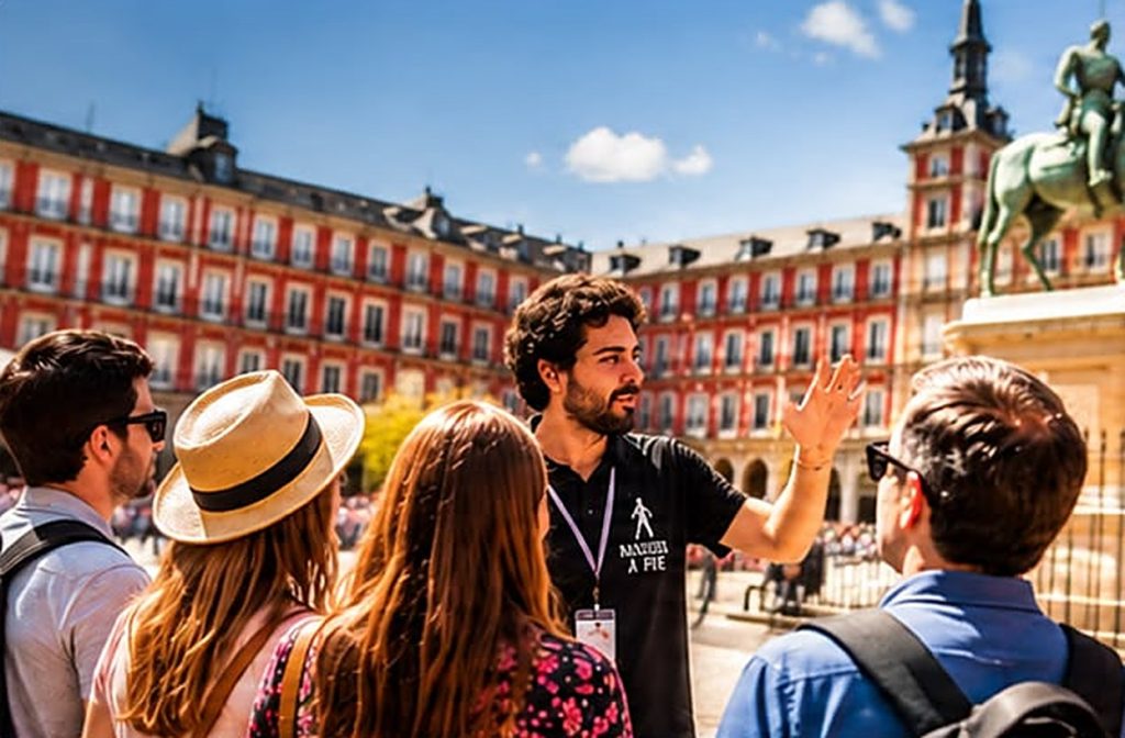 Guía de Madrid a Pie con un grupo privado en la Plaza Mayor de Madrid